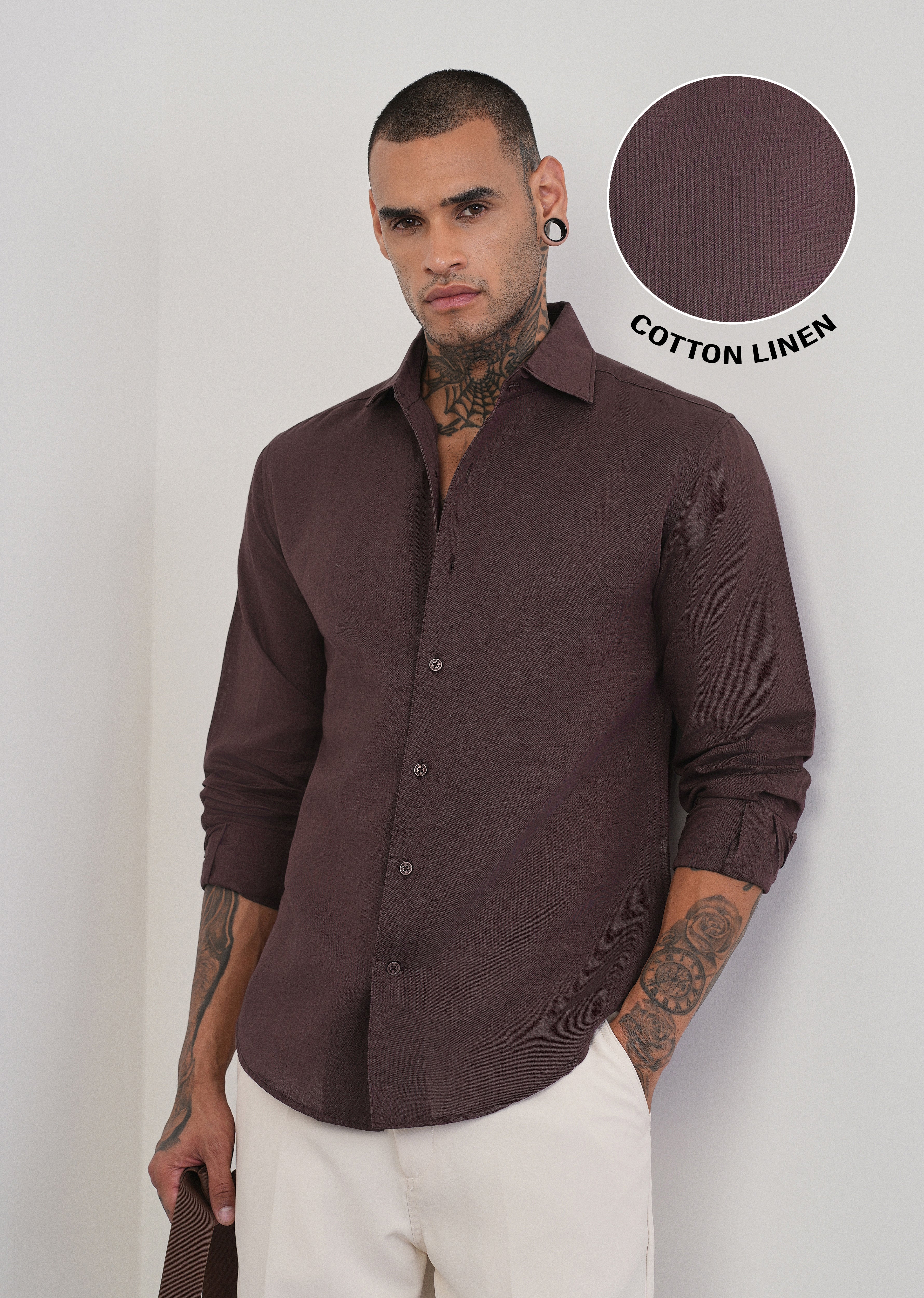 Wine Plain Cotton Linen Shirt - Image 7