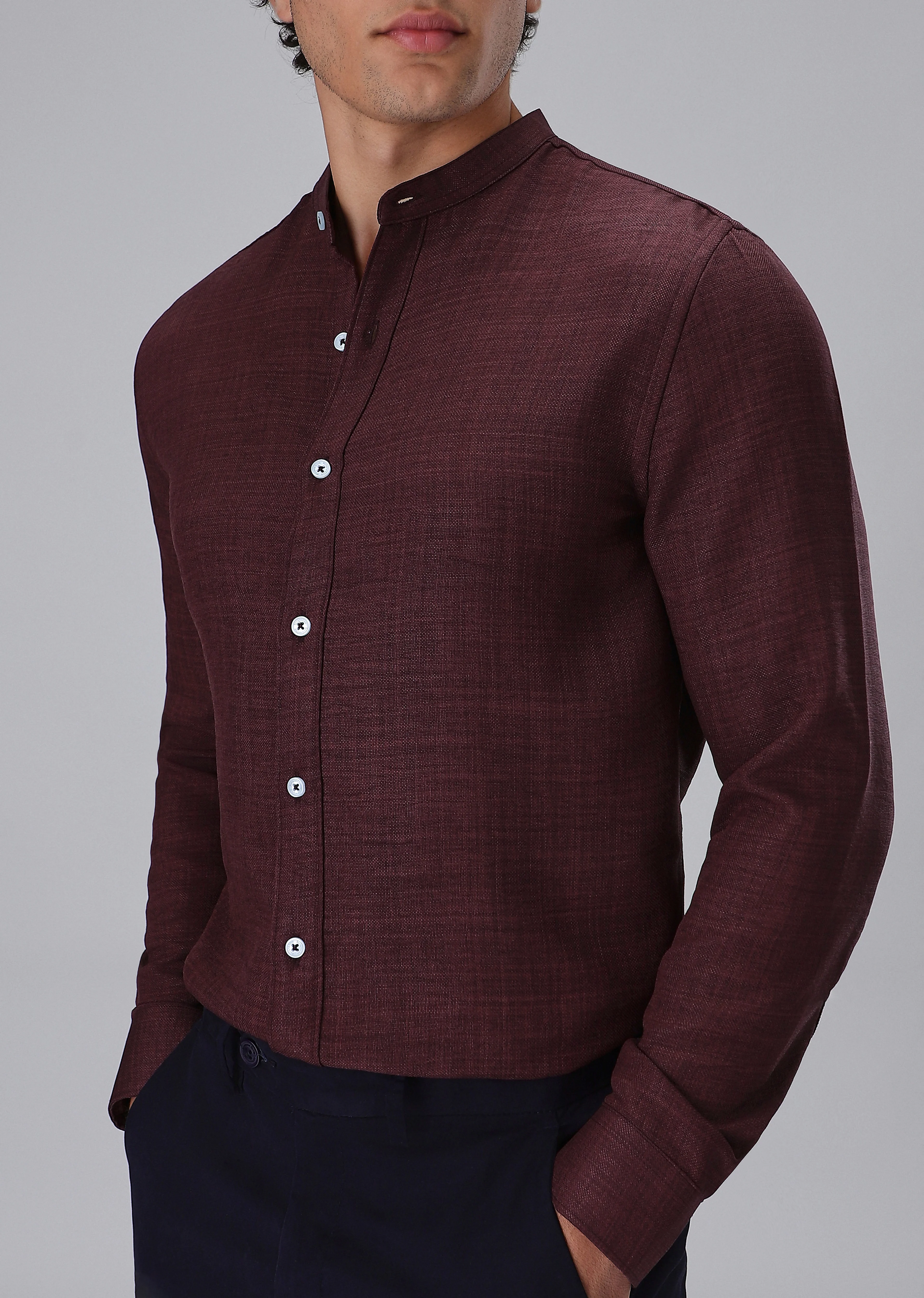 Wine Plain Mandarin Collar Shirt - Image 7