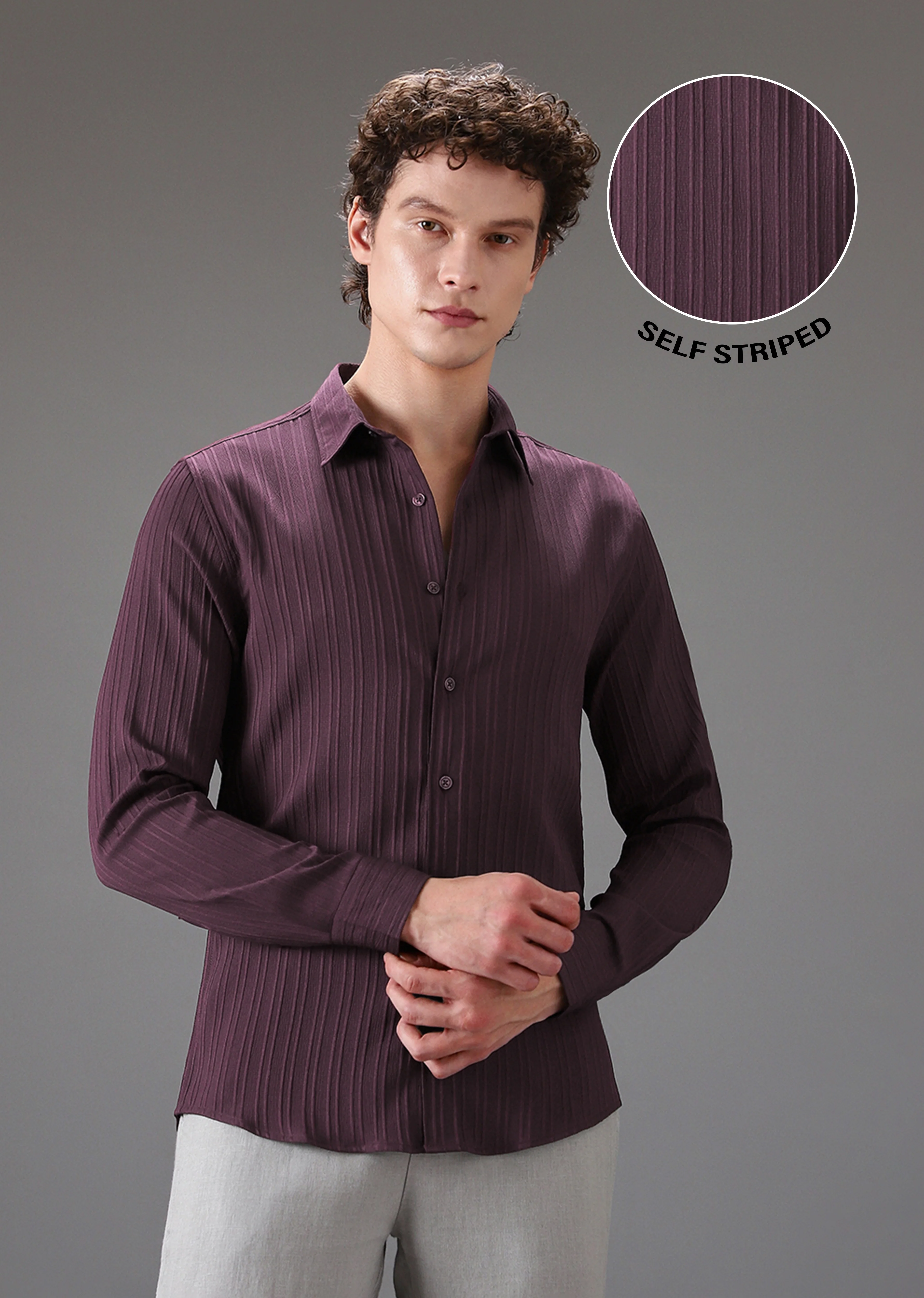 Wine Plain Self Striped Shirt - Image 7