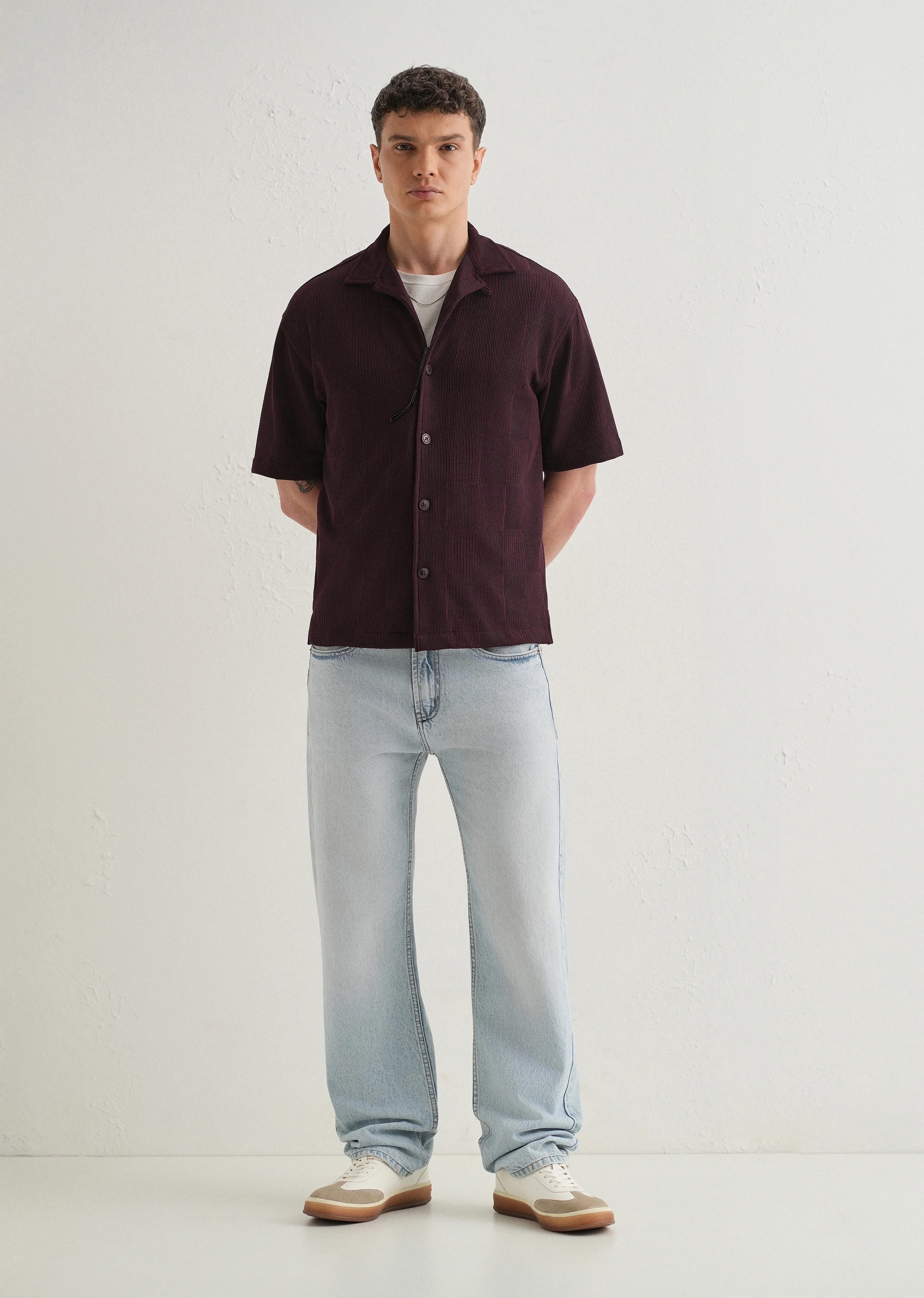 Wine Textured Check Knit Shirt - Image 6