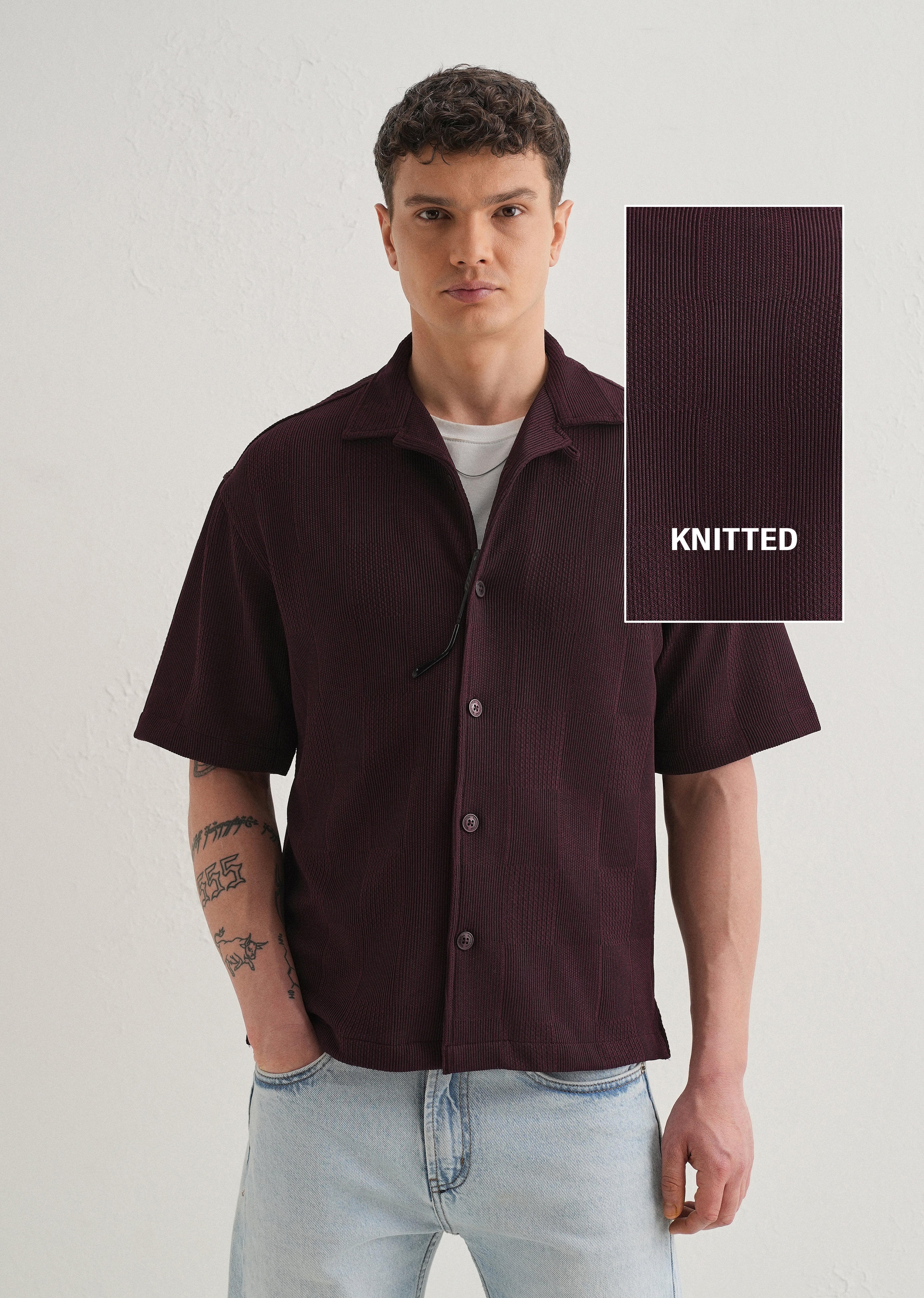 Wine Textured Check Knit Shirt - Image 7
