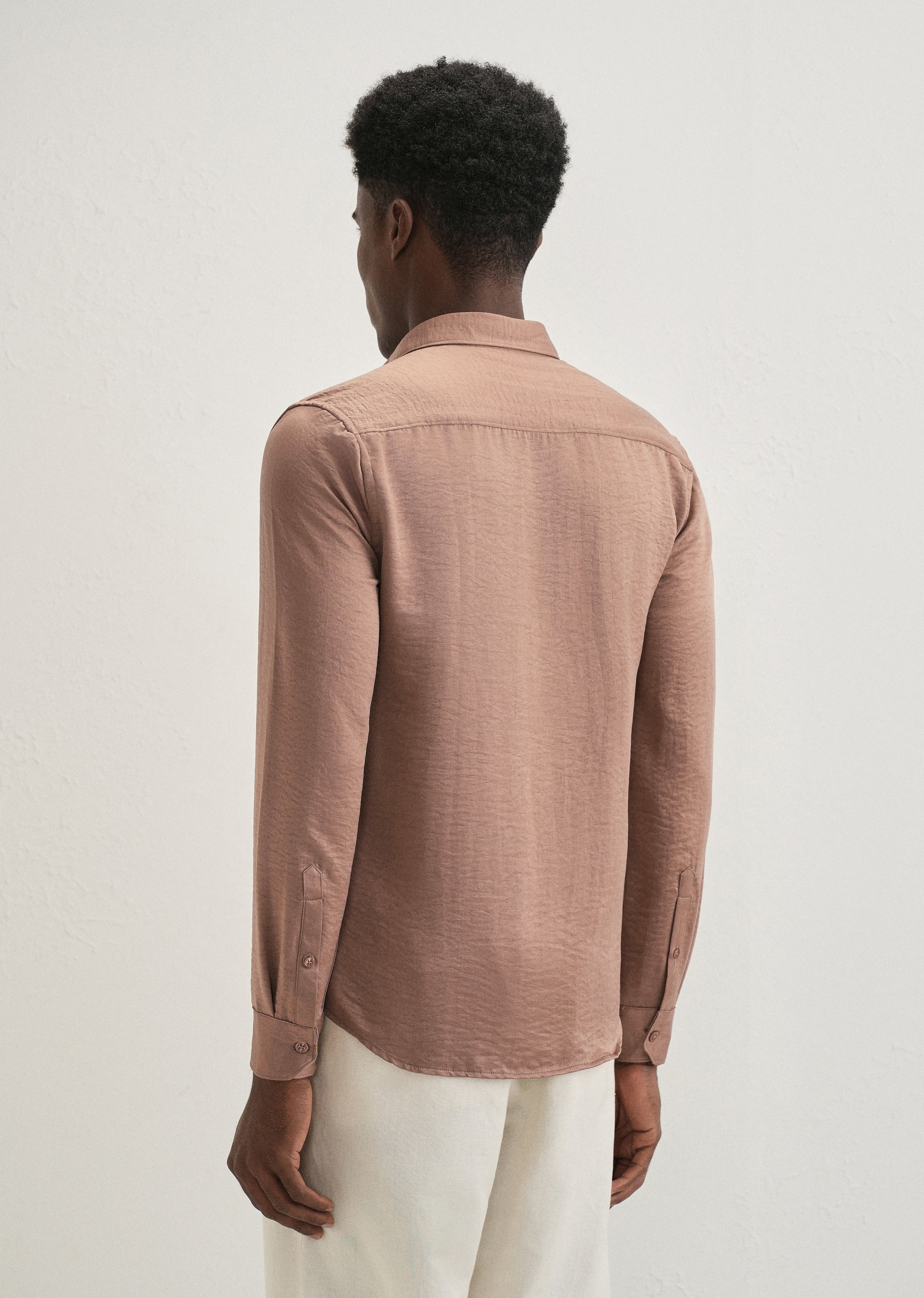 Wood Brown Plain Crushed Satin Shirt - Image 3
