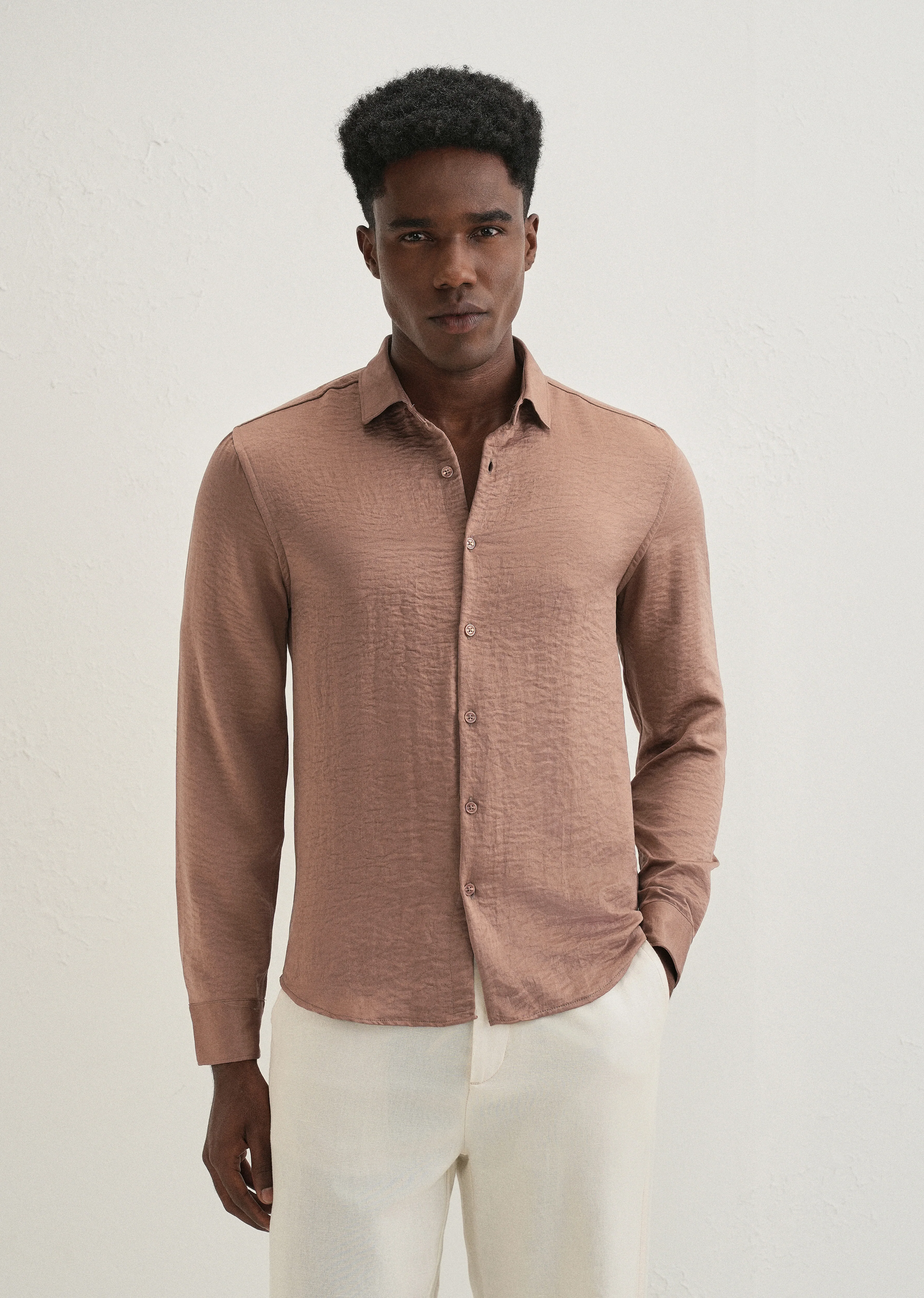 Wood Brown Plain Crushed Satin Shirt - Image 4