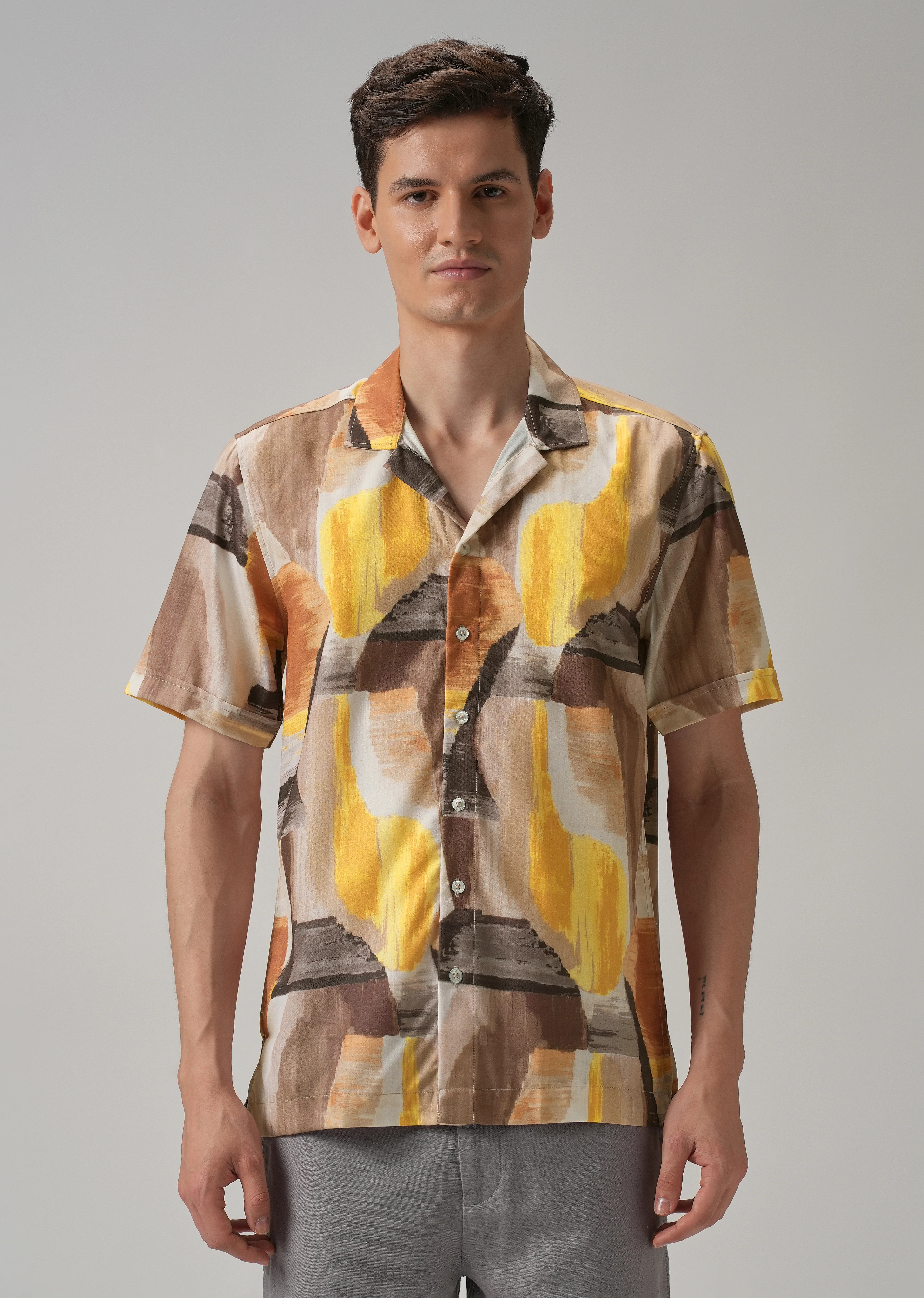 Yellow Abstract Half Sleeve Shirt - Image 3