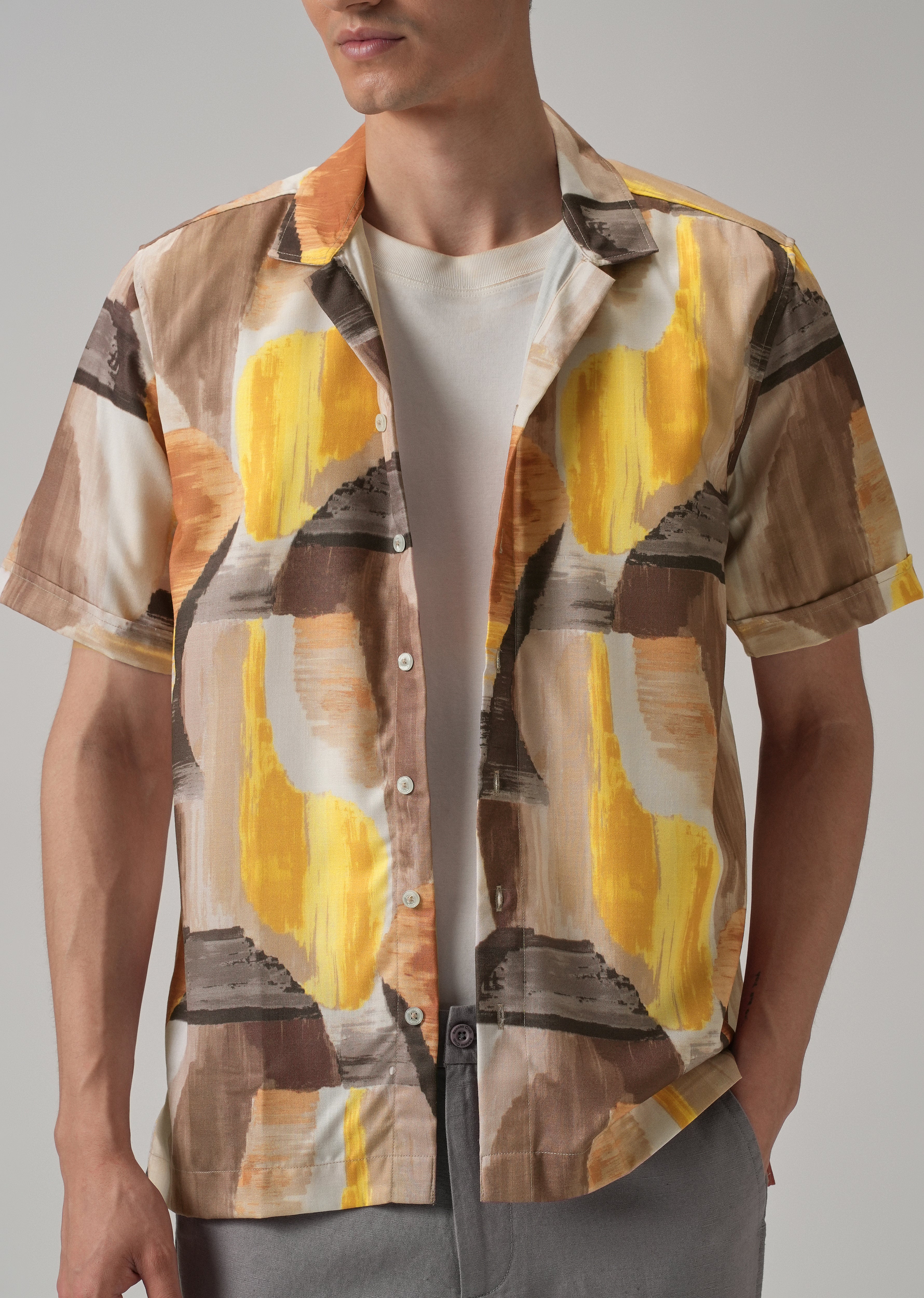 Yellow Abstract Half Sleeve Shirt - Image 7