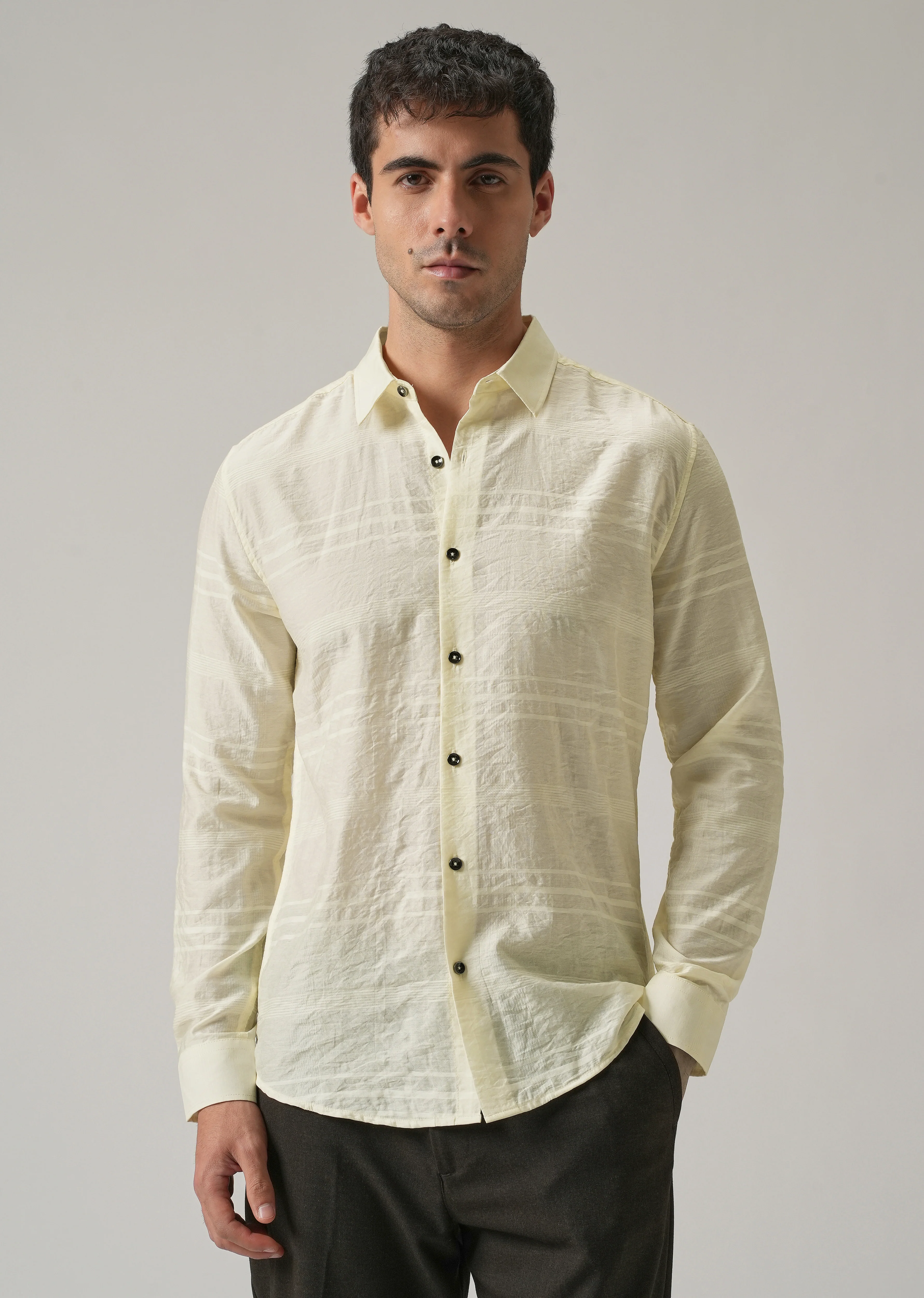 Yellow Crinkled Self Stripe Shirt - Image 3
