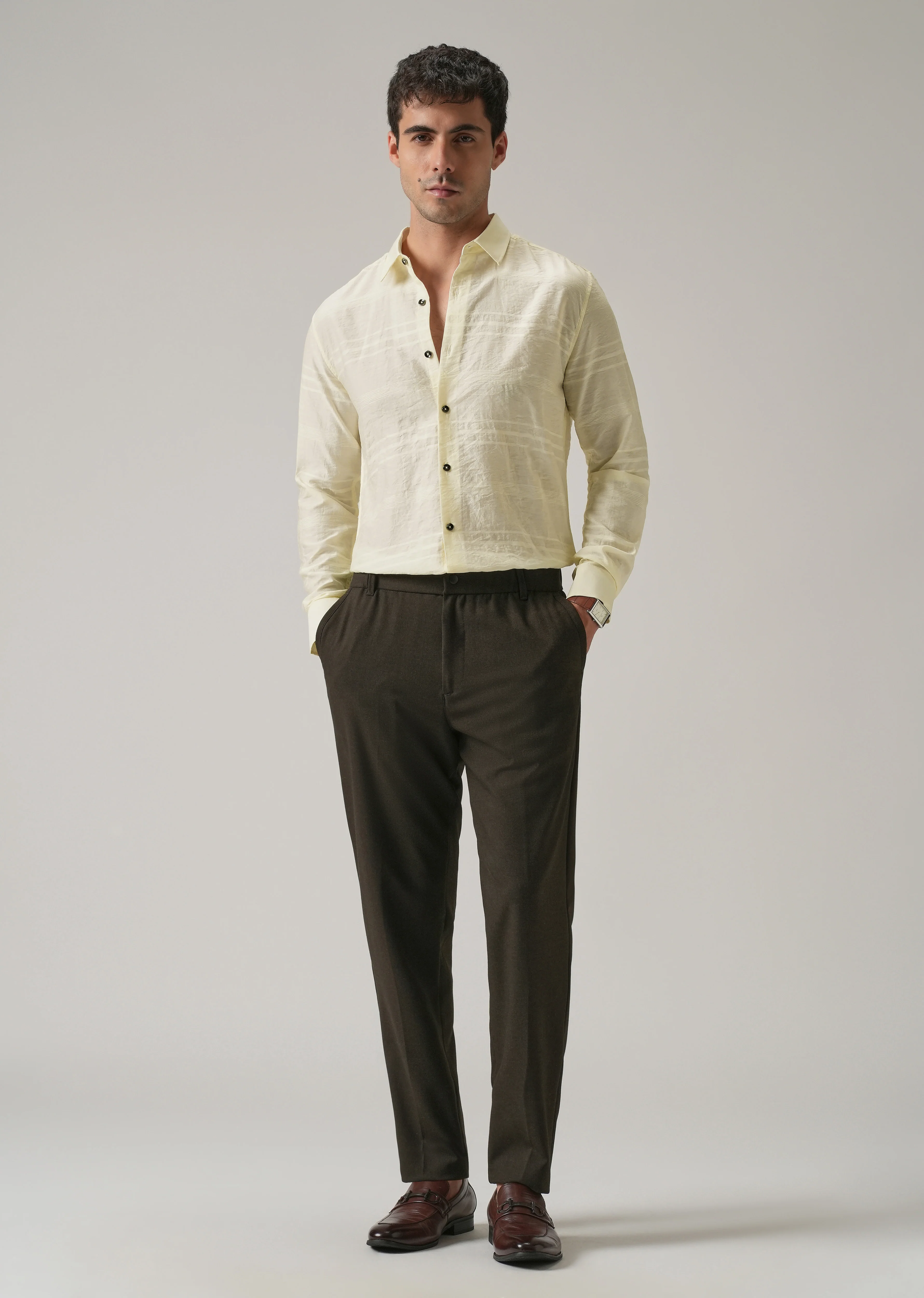 Yellow Crinkled Self Stripe Shirt - Image 6