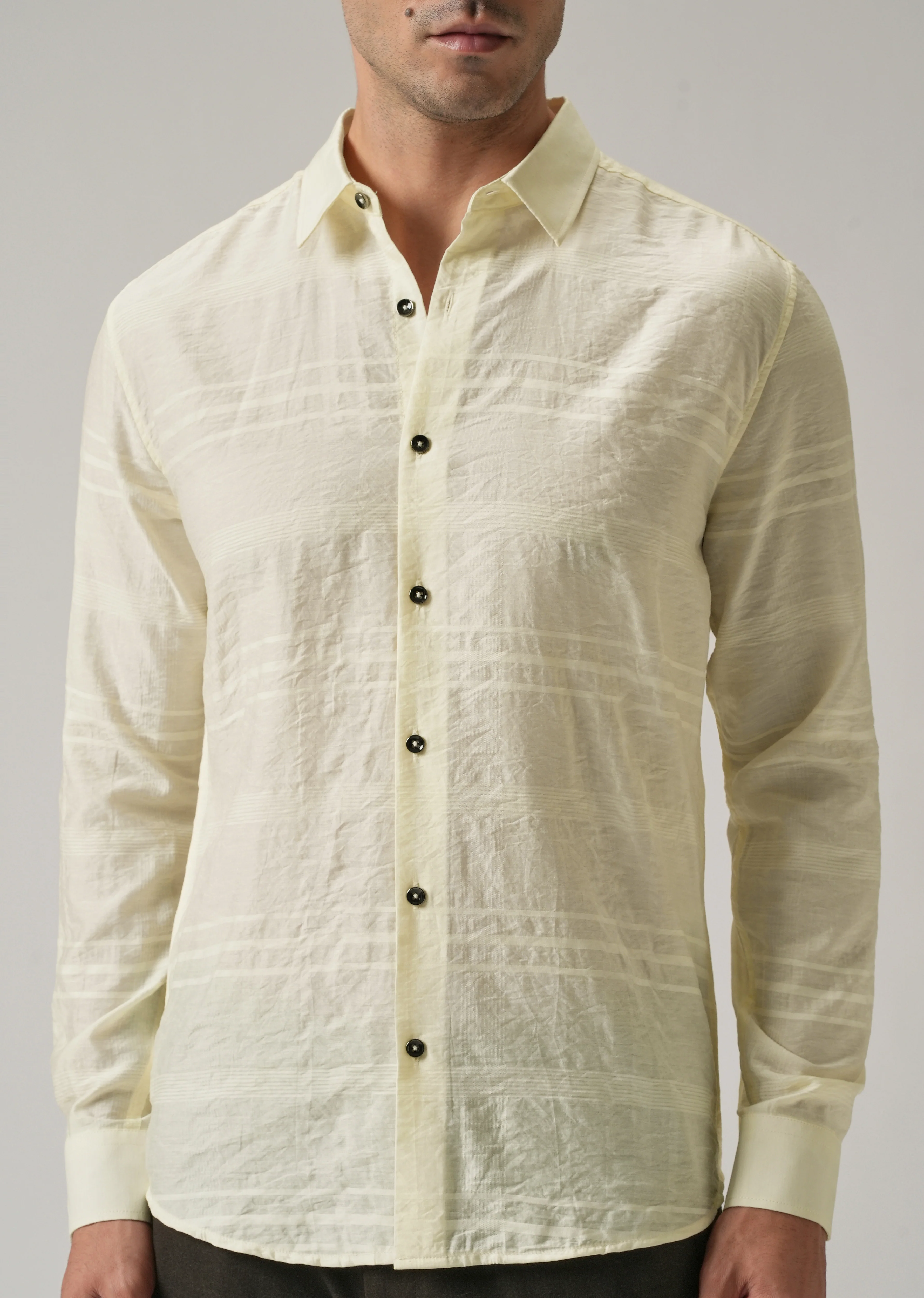 Yellow Crinkled Self Stripe Shirt - Image 7
