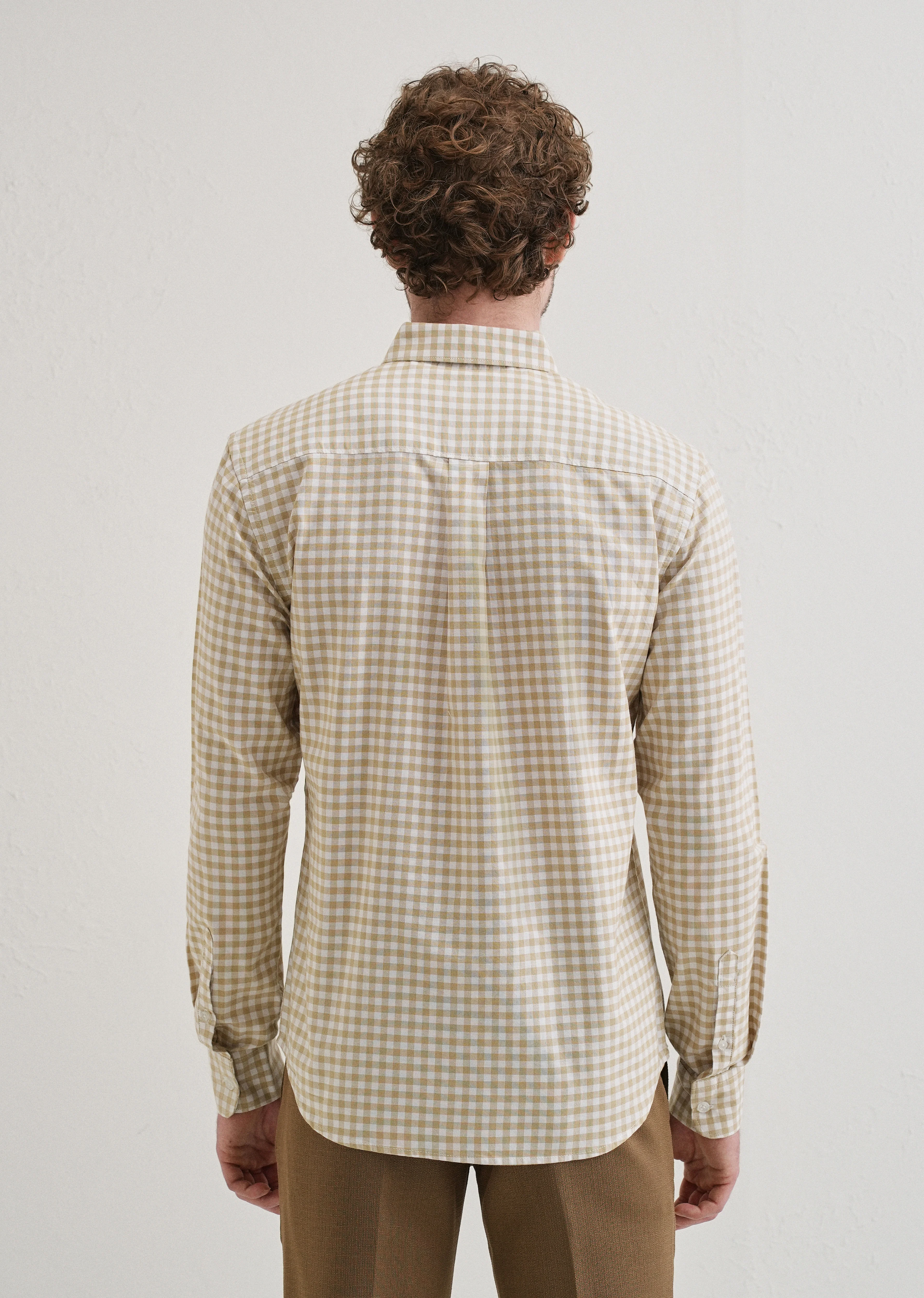 Tan Beige Gingham Check Cotton Oxford Shirt - Image 2