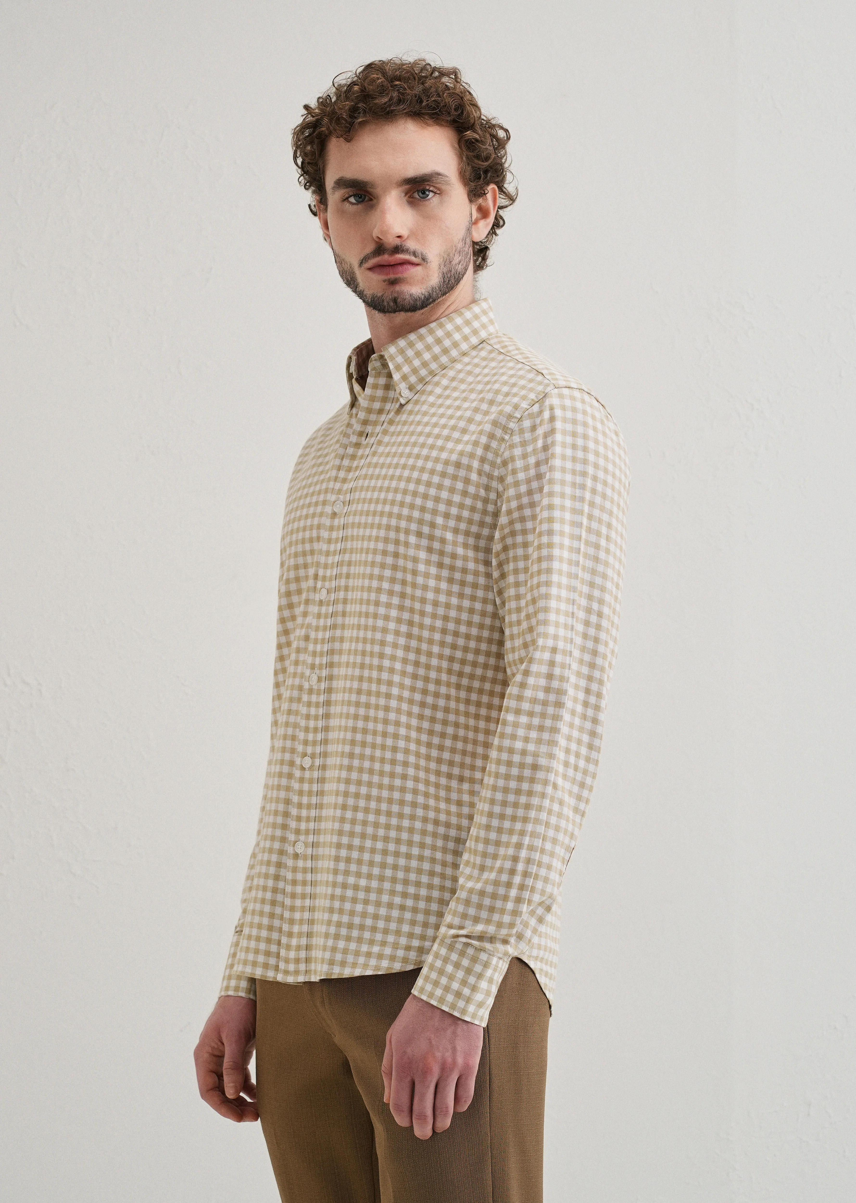 Tan Beige Gingham Check Cotton Oxford Shirt - Image 4