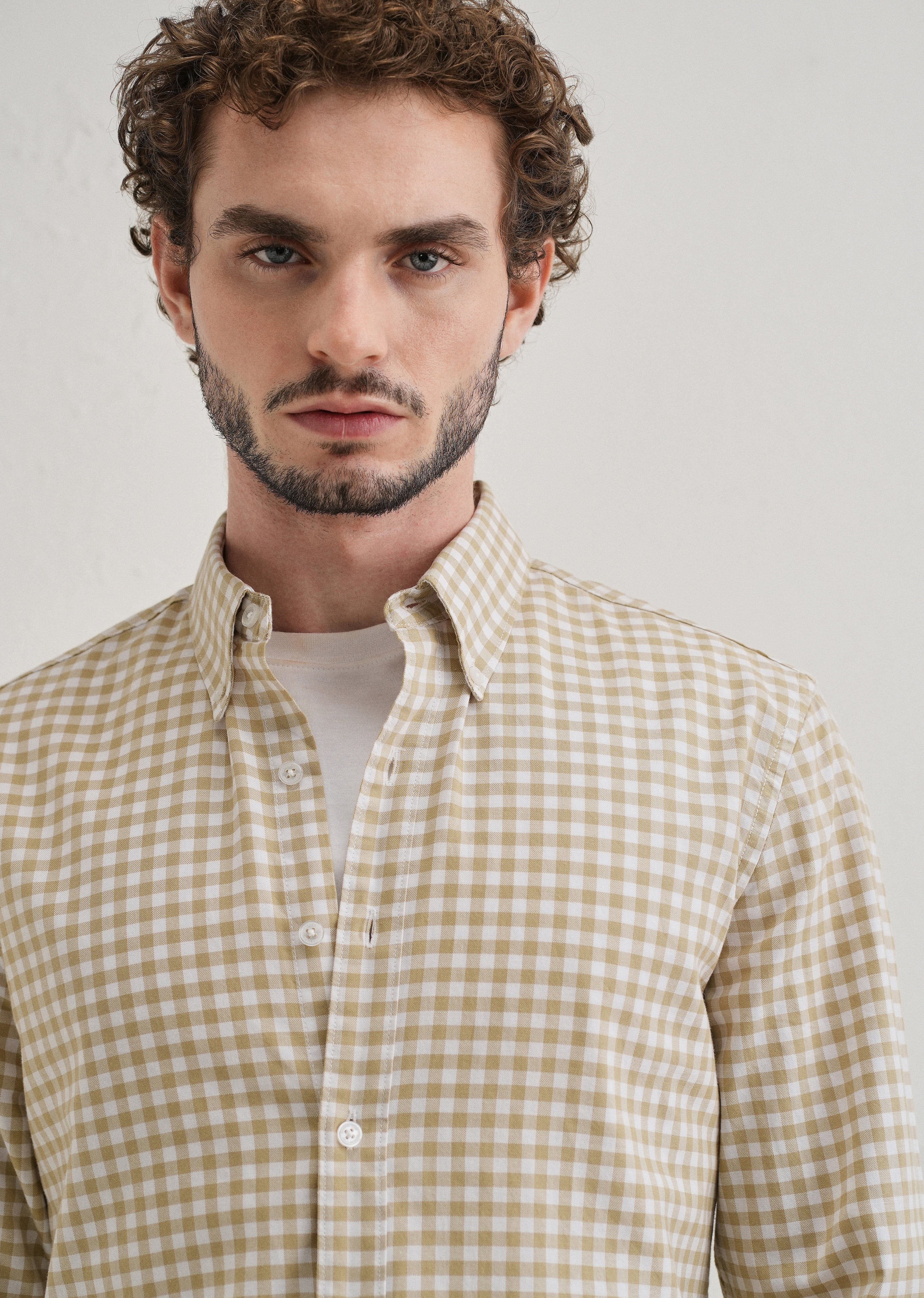 Tan Beige Gingham Check Cotton Oxford Shirt - Image 5