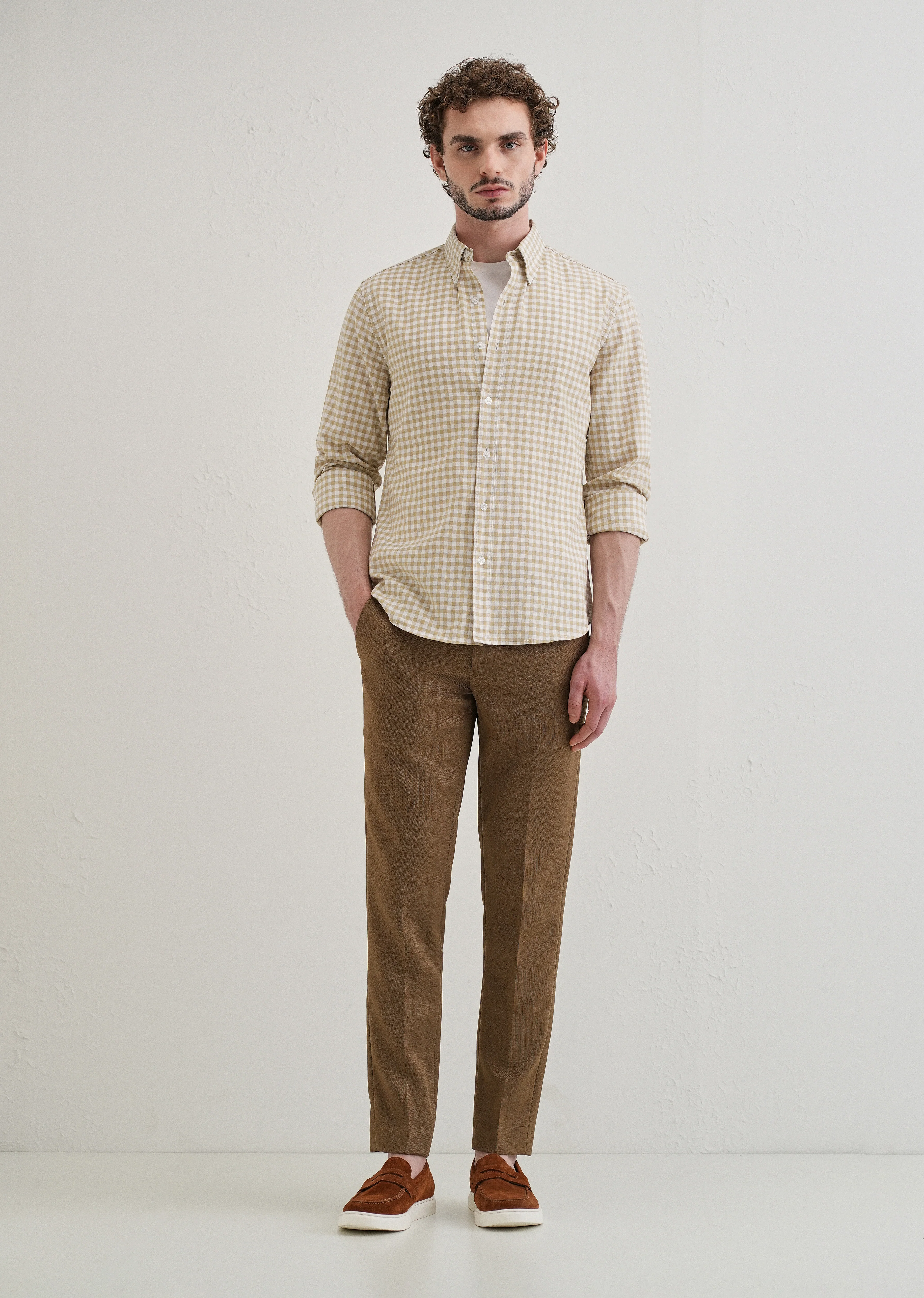 Tan Beige Gingham Check Cotton Oxford Shirt - Image 6