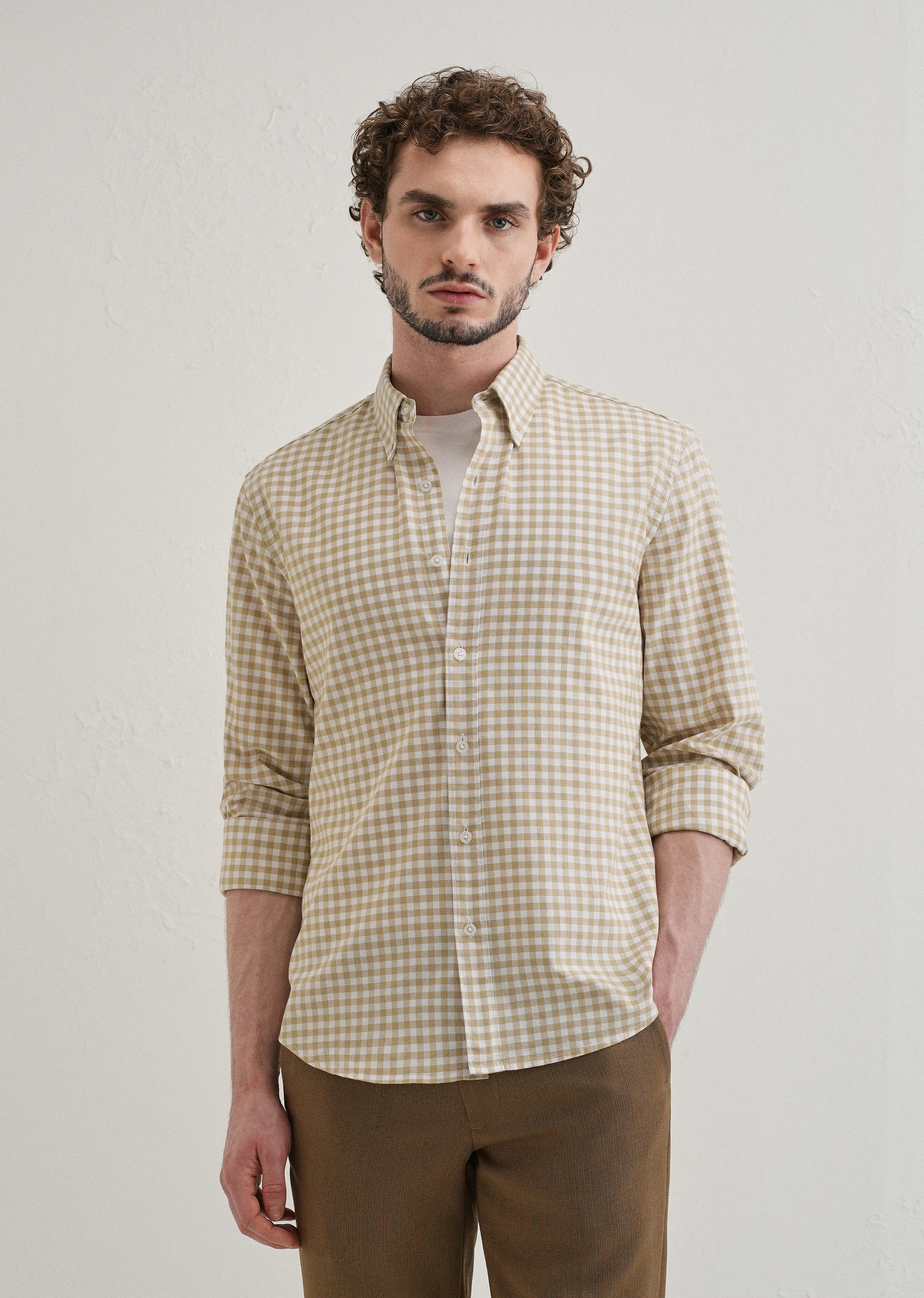 Tan Beige Gingham Check Cotton Oxford Shirt - Image 7