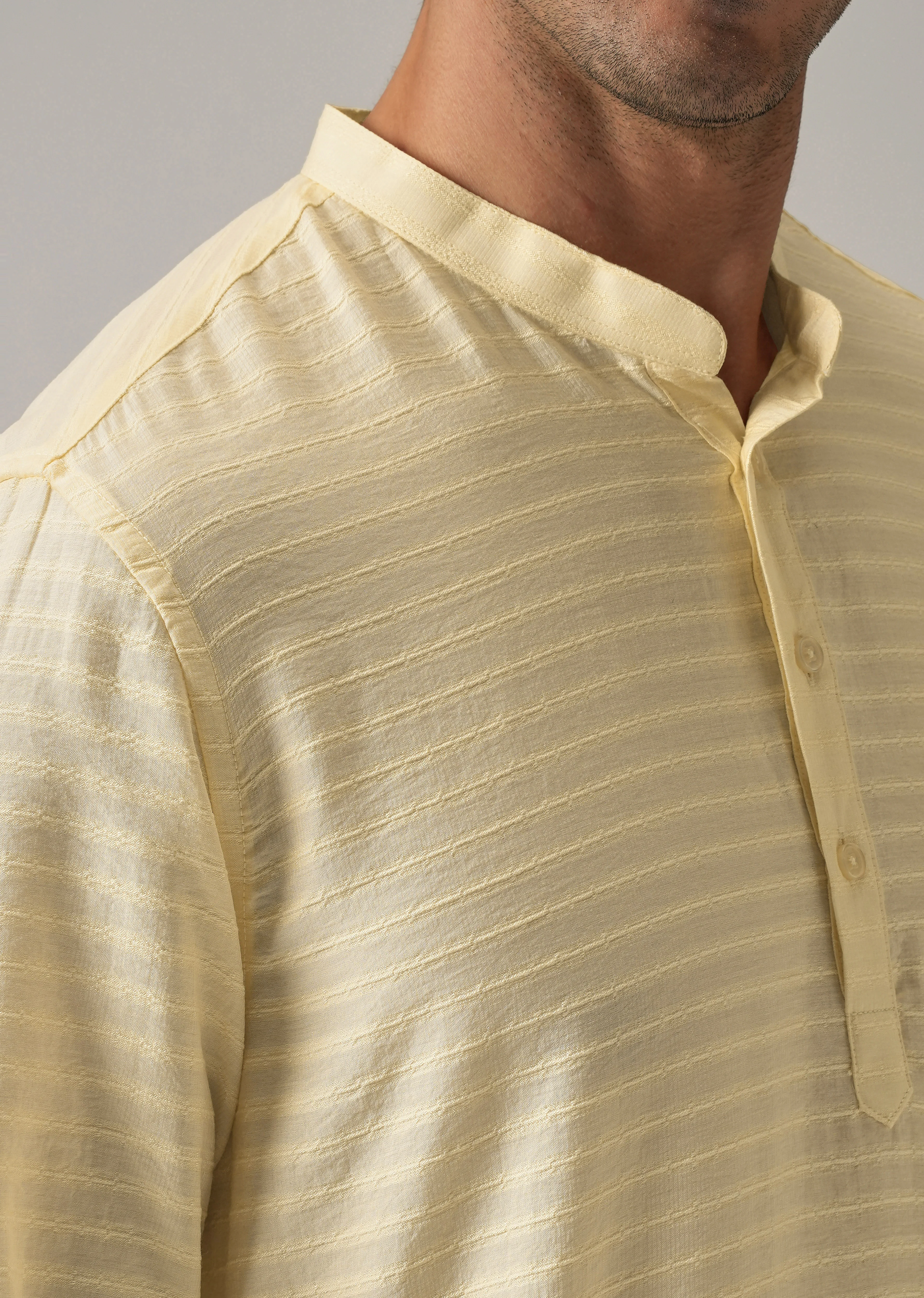 Yellow Nylon Self Stripe Kurta - Image 5
